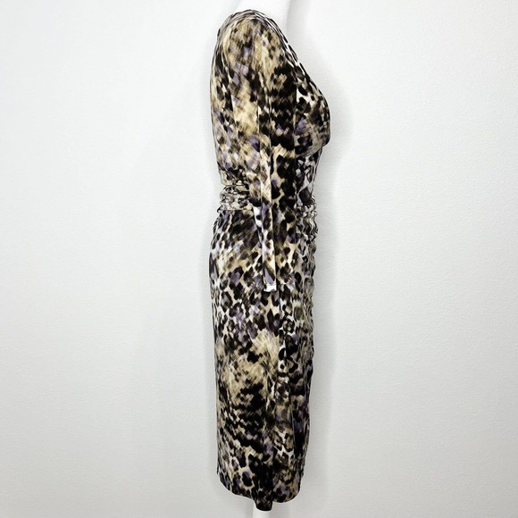 LAUREN Ralph Lauren Brown & Purple Leopard V-Neck 3/4 Sleeve Ruched Dress Sz 10 - Picture 8 of 11